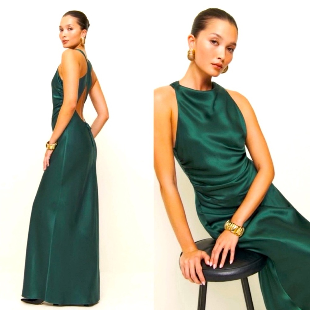 Reformation Anaiis Silk Gown - Emerald Backless Dress